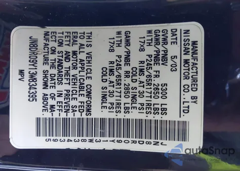 2003 Nissan Pathfinder Le z USA, uszkodzony, nr VIN JN8DR09Y13W834395